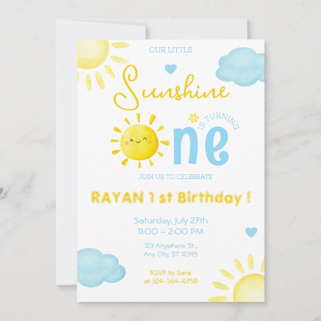 Our Little Sunshine Boy Blue 1st Sun Birthday  Invitation (Front)