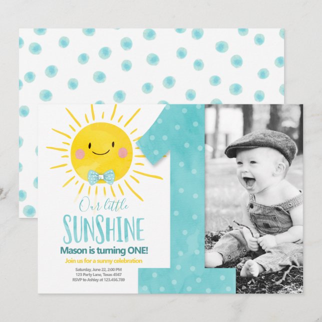 Our Little Sunshine Boy Blue Bow First Birthday Invitation (Front/Back)