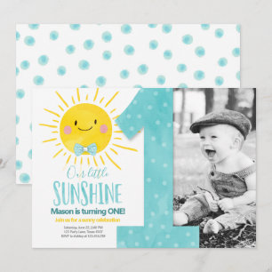 Our Little Sunshine Boy Blue Bow First Birthday Invitation