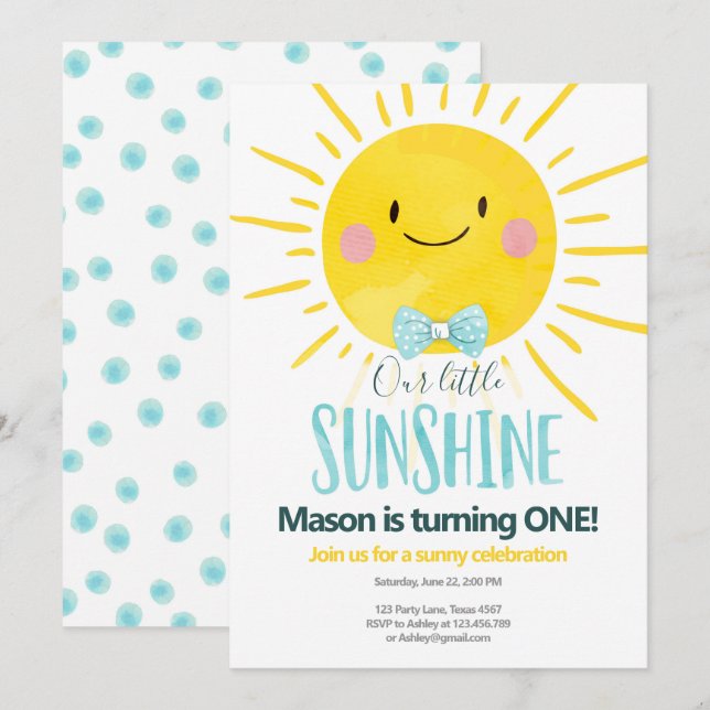 Our Little Sunshine Boy Blue Bow Tie Sun Birthday Invitation (Front/Back)