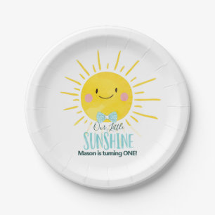 Our Little Sunshine Boy Blue Bow Tie Sun Party Paper Plate