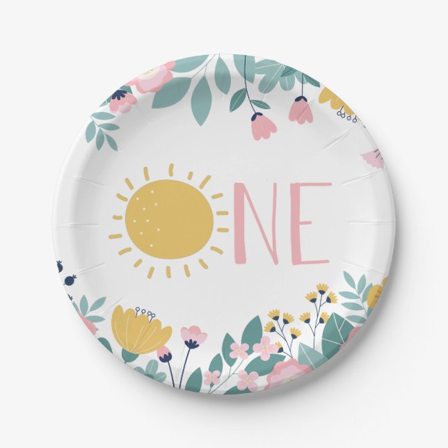 Our Little Sunshine Floral ONE Birthday Paper Plate (Front)