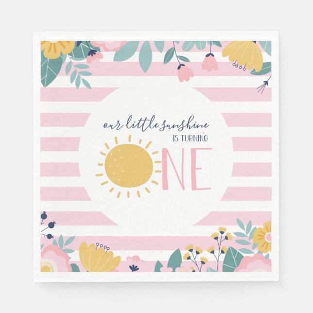Our Little Sunshine Floral, Pink Stripe Birthday Napkin (Front)