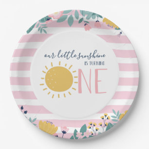 Our Little Sunshine Floral, Pink Stripe Birthday Paper Plate