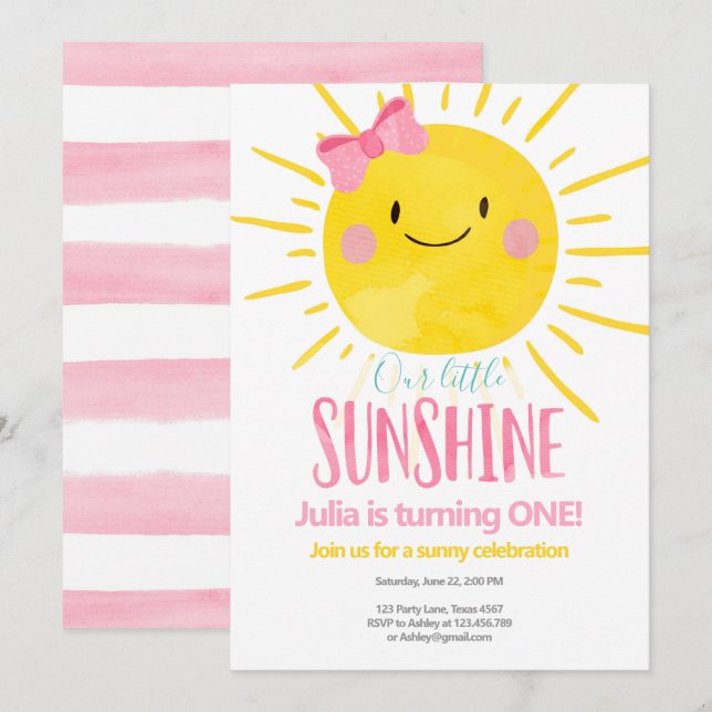 Our Little Sunshine Girl Pink Bow First Birthday Invitation (Front/Back)