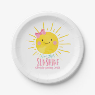 Our Little Sunshine Girl Pink Bow Sun Summer Party Paper Plate