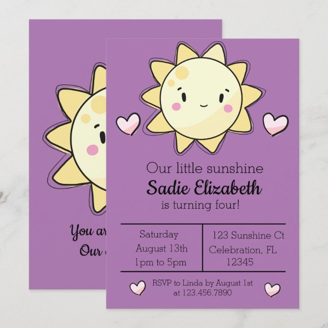 Our Little Sunshine Girl PurpleBirthday Invitation (Front/Back)