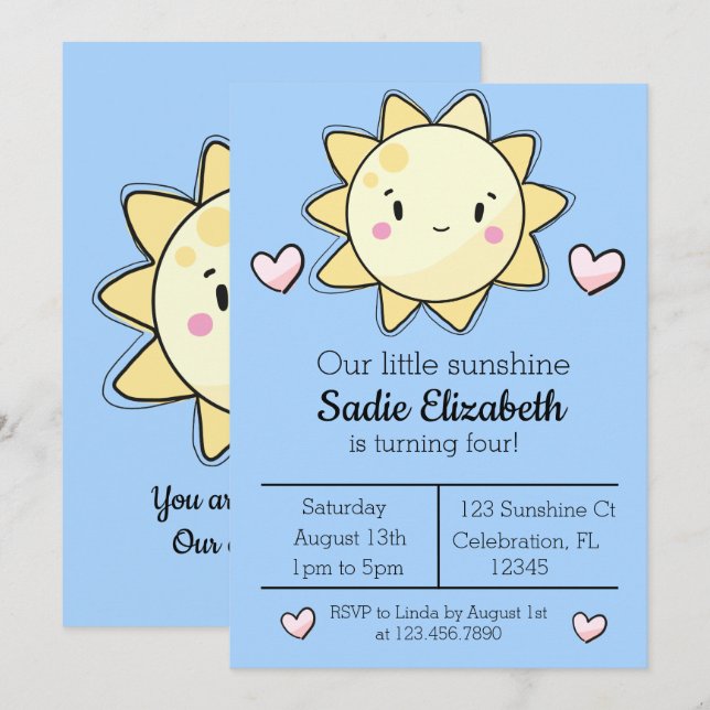 Our Little Sunshine Girls Blue Birthday Invitation (Front/Back)