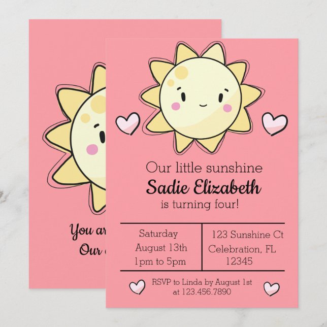 Our Little Sunshine Girls Pink Birthday Invitation (Front/Back)