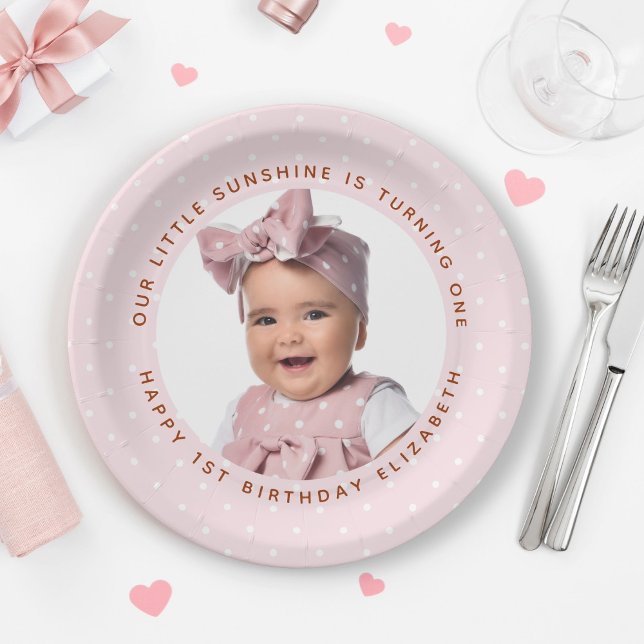 Our Little Sunshine is One Girl Birthday Photo Paper Plate (Creator Uploaded)
