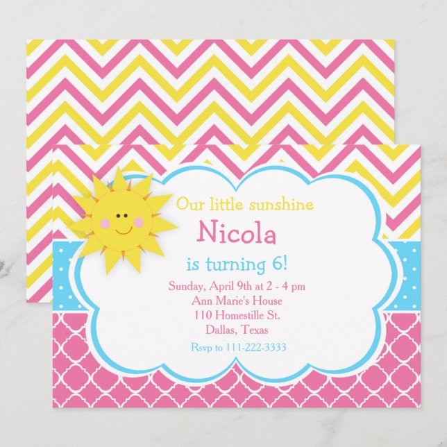 Our little Sunshine Pink and Yellow Birthday Party Invitation (Front/Back)