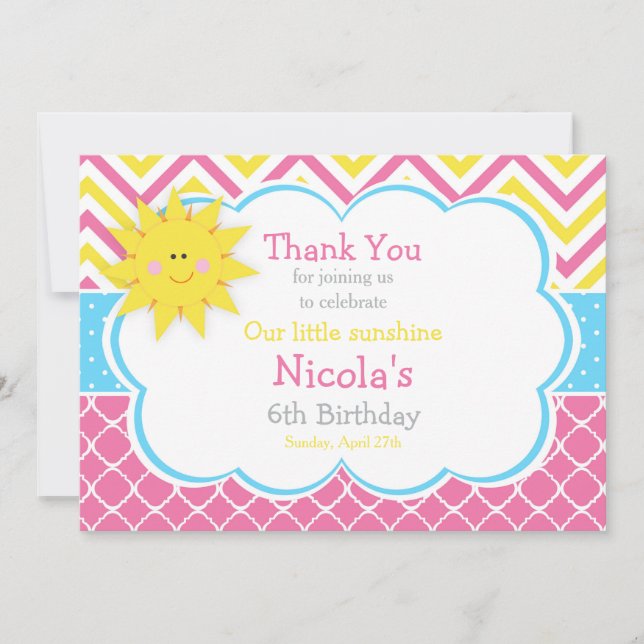 Our little Sunshine Pink and Yellow Birthday Thank You Card (Front)