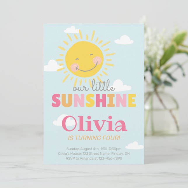 Our Little Sunshine Pink Birthday Party Any Age Invitation (Standing Front)