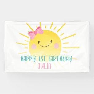 Our Little Sunshine Pink Girl Birthday Backdrop Banner