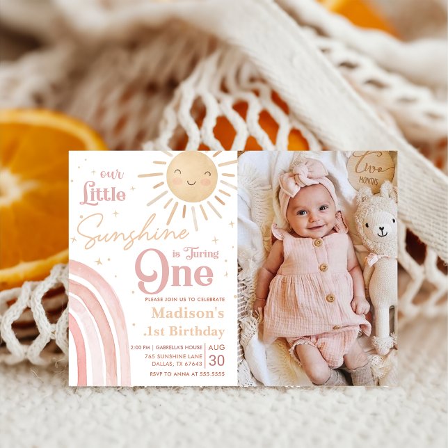 Our Little Sunshine Rainbow 1st Birthday Photo Invitation (Creator Uploaded)