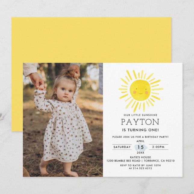 Our Little Sunshine Sun 1st Birthday Photo Invitation (Front/Back)