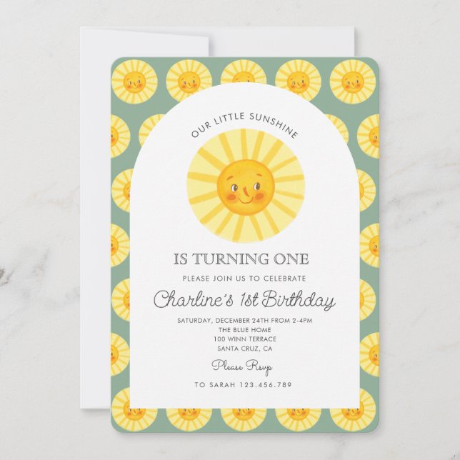 Our Little Sunshine Turning One Sun 1st Birthday Invitation (Front)