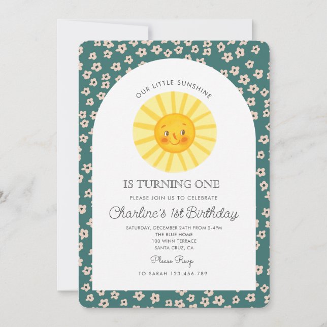 Our Little Sunshine Turning One Sun 1st Birthday Invitation (Front)