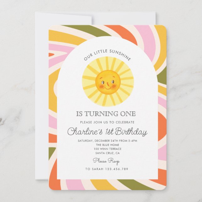 Our Little Sunshine Turning One Sun 1st Birthday Invitation (Front)