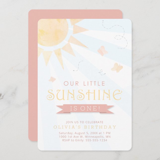Our Little Sunshine Watercolor Butterfly Birthday Invitation (Front/Back)