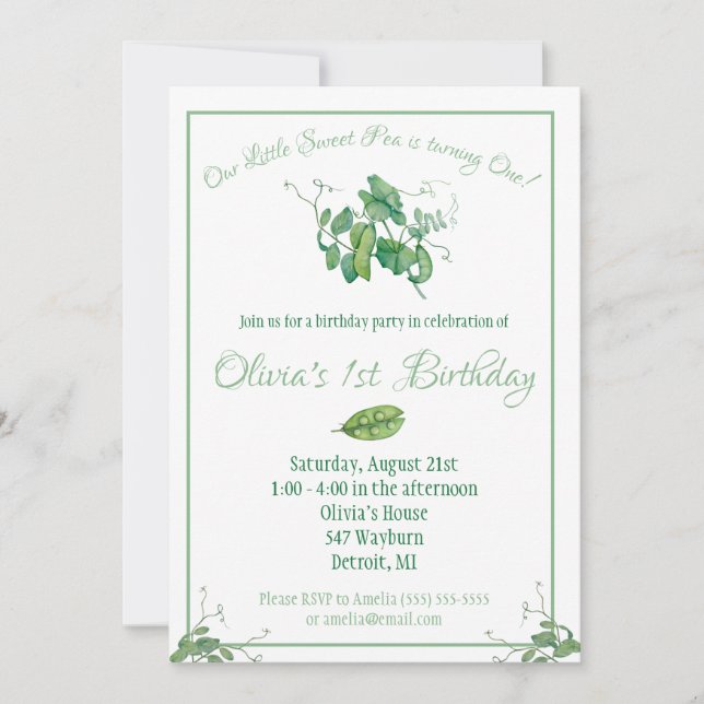 Our Little Sweet Pea Birthday Party Invitation (Front)