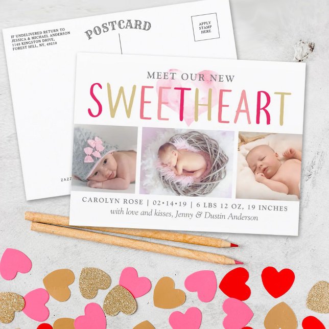 Our Little Sweetheart 3 Photo Birth Announcement (Creator Uploaded)