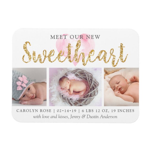 Our Little Sweetheart 3 Photo Birth Announcement Magnet (Horizontal)
