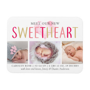 Our Little Sweetheart 3 Photo Birth Announcement Magnet