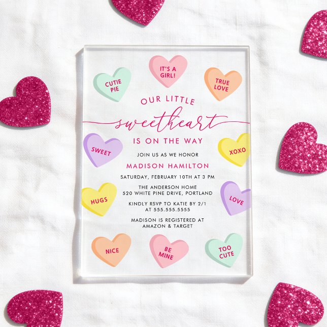 Our Little Sweetheart Candy Hearts Baby Shower Acrylic Invitations (Creator Uploaded)