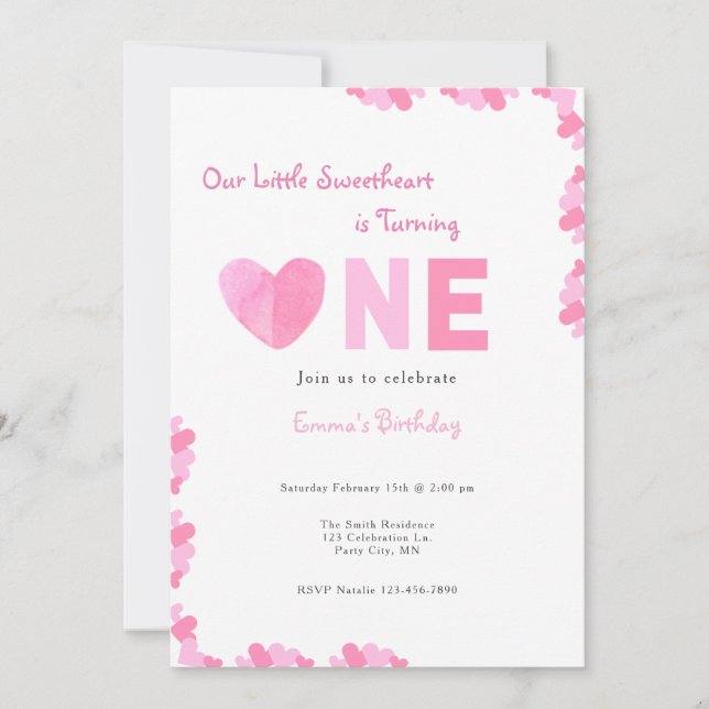 Our Little Sweetheart First Birthday Invitation  (Front)