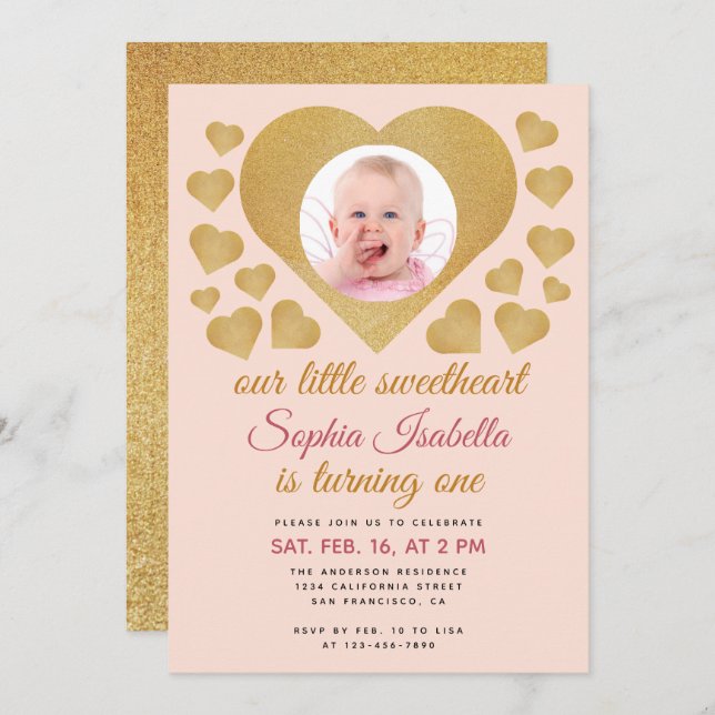 Our Little Sweetheart Gold Pink Photo 1st Birthday Invitation (Front/Back)