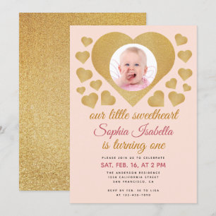 Our Little Sweetheart Gold Pink Photo 1st Birthday Invitation