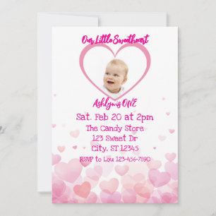 Our Little Sweetheart is ONE, hearts 1st Birthday Invitation