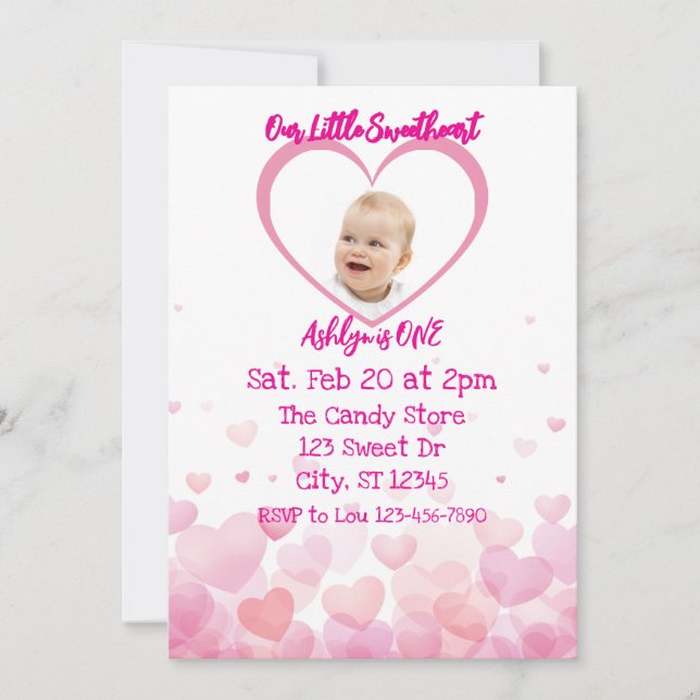 Our Little Sweetheart is ONE, hearts 1st Birthday Invitation (Front)