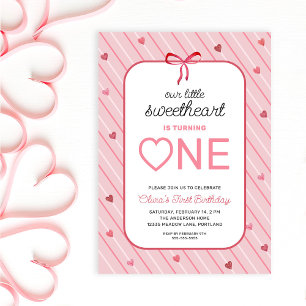 Our Little Sweetheart Is One Hearts Bows Birthday Invitation