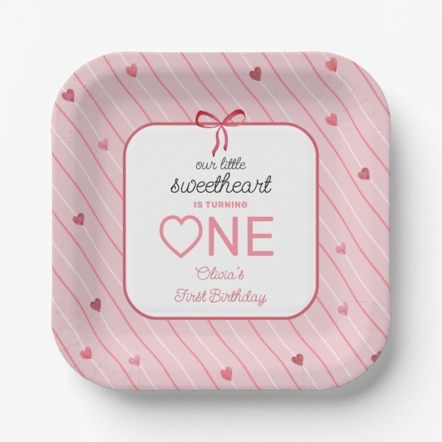 Our Little Sweetheart Is One Hearts Bows Birthday Paper Plate (Front)