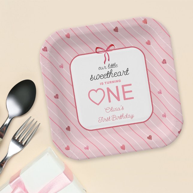 Our Little Sweetheart Is One Hearts Bows Birthday Paper Plate (Creator Uploaded)