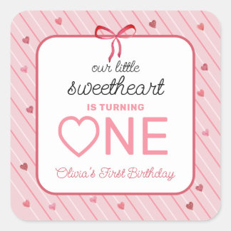 Our Little Sweetheart Is One Hearts Bows Birthday Square Sticker