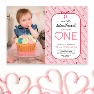 Our Little Sweetheart Is One Photo Birthday Invitation