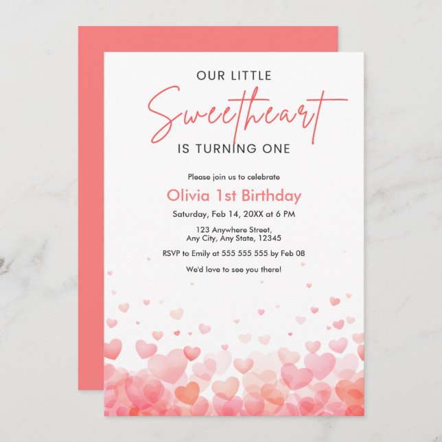 Our Little Sweetheart is Turning One 1st Birthday  Invitation (Front/Back)