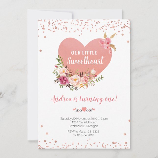 Our little sweetheart is turning one birthday invitation (Front)