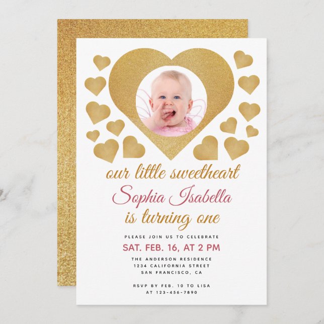 Our Little Sweetheart Photo Gold Heart Birthday Invitation (Front/Back)