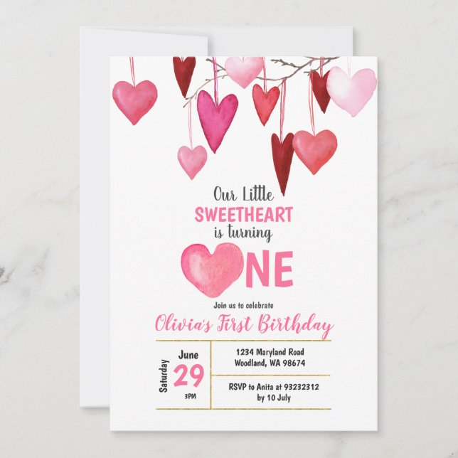 Our Little Sweetheart Valentine Balloon Birthday  Invitation (Front)