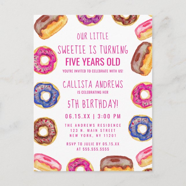 Our Little Sweetie Cute Doughnuts Pink Quote Birth Invitation Postcard (Front)