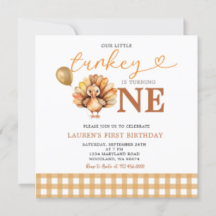 Our Little Turkey Brown Gingham Fall 1st Birthday Invitation