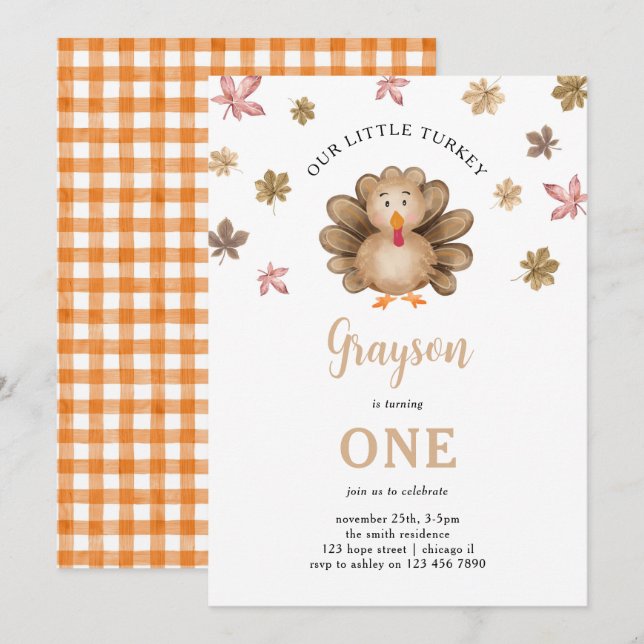 Our Little Turkey Fall Thanksgiving 1st Birthday Invitation (Front/Back)