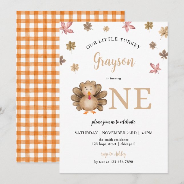 Our Little Turkey Fall Thanksgiving 1st Birthday Invitation (Front/Back)