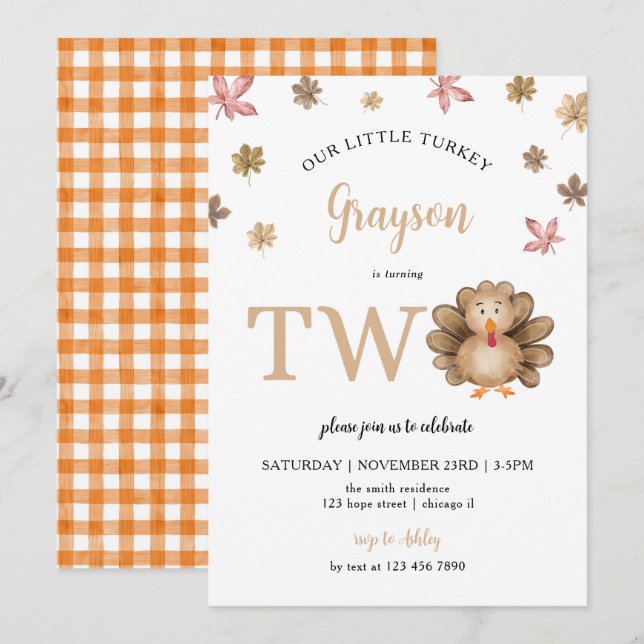 Our Little Turkey Fall Thanksgiving 2nd Birthday Invitation (Front/Back)