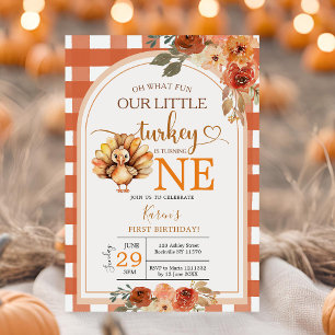 Our Little Turkey Gingham Wildflower 1st Birthday Invitation