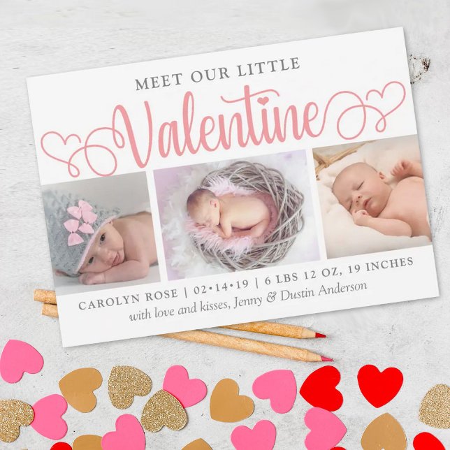 Our Little Valentine 3 Photo Birth Announcement (Creator Uploaded)